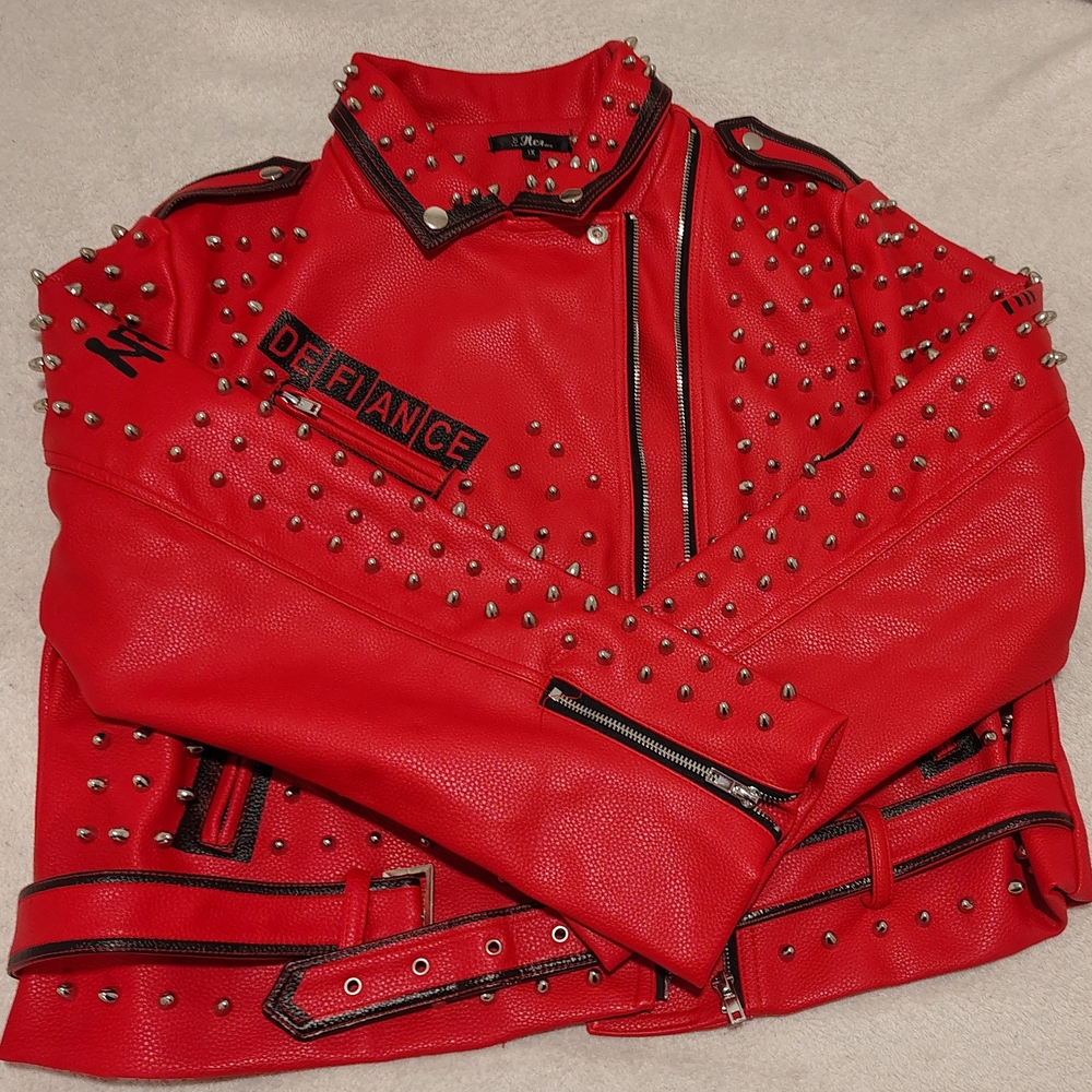 Red Studded Bomber Jacket - Defiance Patch